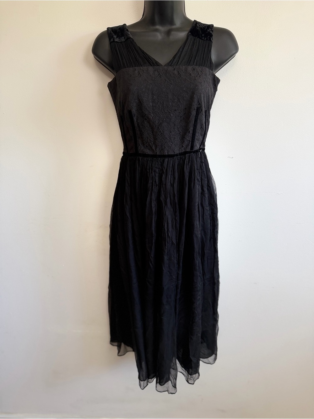 Vintage Y2K Miss Sixty Black Silk Midi Dress Velvet Lace XS